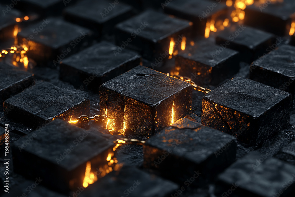 Poster Dark stone cubes texture, illuminated by glowing chains, creating a mysterious and intense atmosphere, showcasing a powerful and dramatic concept ideal for backgrounds