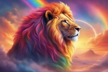 An illustration of a lion with a vibrant, multicolored rainbow mane. Generative AI