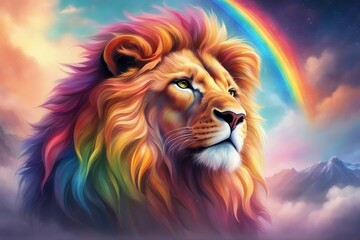 An illustration of a lion with a vibrant, multicolored rainbow mane. Generative AI