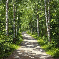 Fototapeta premium Serene pathway winding through a dense green forest surrounded by towering trees and sunlight