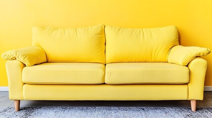 Fototapeta premium Bright yellow sofa against a matching yellow painted wall