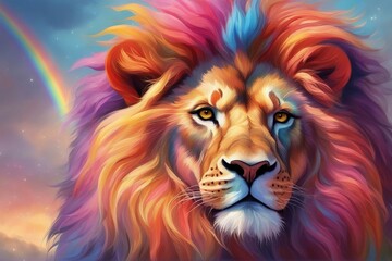 An illustration of a lion with a vibrant, multicolored rainbow mane. Generative AI