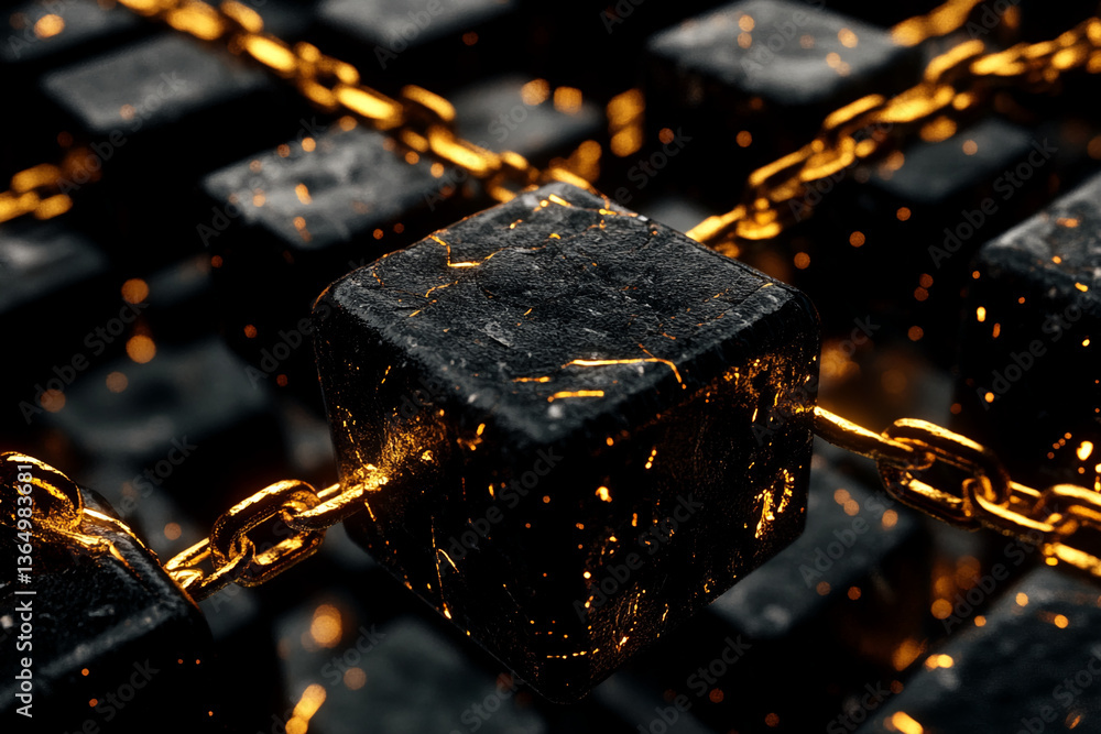 Poster Close-up of dark, textured cubes linked by gold chains, creating a strong and interconnected visual, showcasing strength, unity, or network concepts