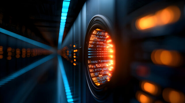 Glowing Orange and Blue Digital Data Network in Futuristic Server Room