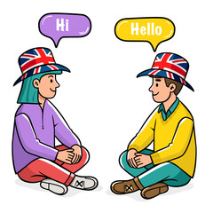 People talking english with speech bubbles. Learning language. Conversation, dialogue between men and woman. 