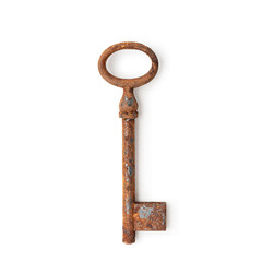 Old rusty key photography isolated on white background. Clipping path. Original shadow.