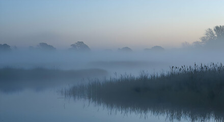 Obraz premium Misty River Landscape At Sunrise
