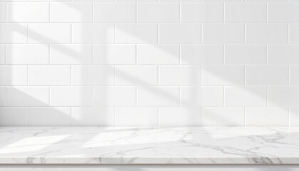 Bright minimalist kitchen countertop with white tiled walls  