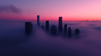 Fototapeta premium City skyline at sunrise through a sea of fog