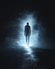 Mysterious Figure Emerges from Cosmic Light in Dark Atmosphere