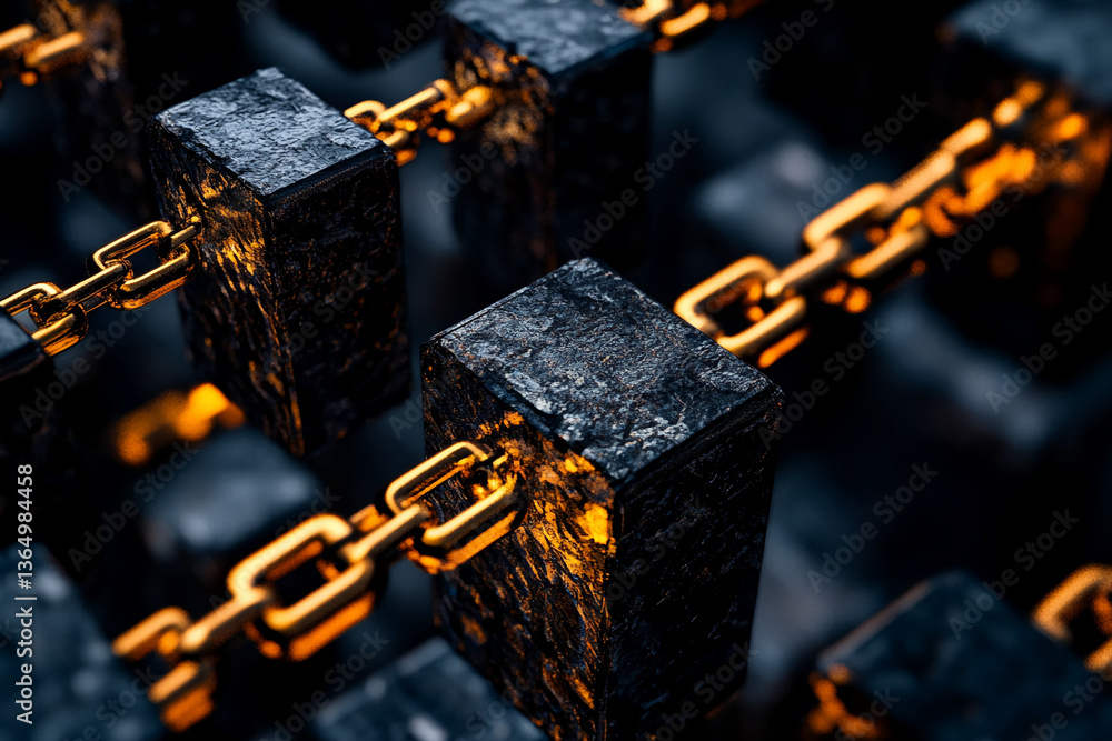 Poster Dark stone cubes linked by gold chains, creating a textured, interconnected pattern, symbolizing strength, connection, and unity in a dark background