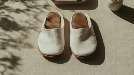 Minimalist design of soft slippers casts gentle shadows on textu