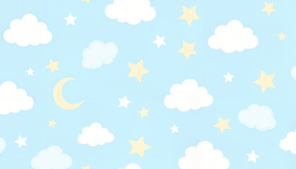 Cute clouds and stars pattern in soft pastel colors  