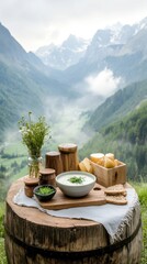 Fototapeta premium Creamy soup served outdoors with bread, herbs, and stunning mountain views