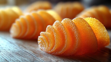 Close-up of spiraled, orange-hued, translucent treats on wood. Sweet, sugary, and delectable