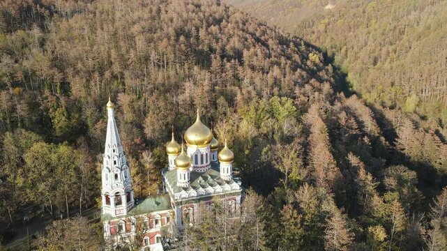 Aerial view of Shipka Monastery Holy Nativity, known as Russian church in town of Shipka, Stara Zagora Region, Bulgaria