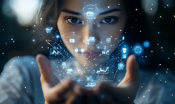 Businessman Touching Virtual AI Bot Interface with Digital Network, Binary Code, and Stock Market Graph