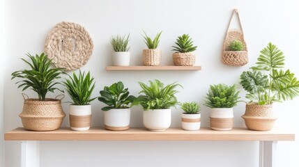 Fototapeta premium Indoor plants displayed on wooden shelves against a white wall, showcasing various pot types and plant species