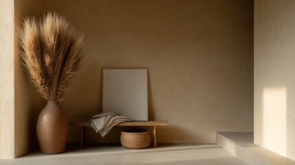 Obraz premium Minimalist interior showcases earthy tones, natural textures, an