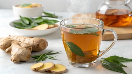 Transparent Glass Cup Filled with Warm Golden Ginger Tea &ndash; High-Quality Image