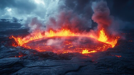 Fototapeta premium Volcanic Fury: Erupting Lava Lake with Smoke and Fire