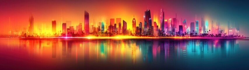 Fototapeta premium Vibrant cityscape reflected in calm water at sunset