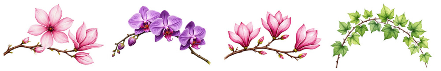 Fototapeta premium Vibrant Display of Floral Beauty: A Collection of Delicate Pink and Purple Orchids against a Dark Background Showcasing Nature's Elegance and Intricacy