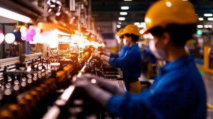 Obraz premium Industrial Automation Robots Workers Manufacturing Process