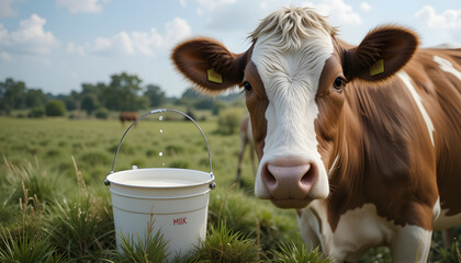 cow in a field WITH bUCKET OF MILK
