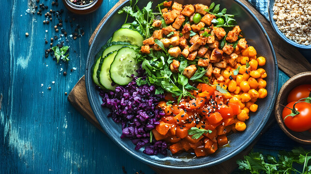 A beautifully plated vegan meal with vibrant vegetables, fresh herbs, and an artistic drizzle of sauce. The dish looks elegant and appetizing, appealing to the growing demand for plant-based cuisine.
