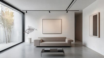 Modern living room with art and patio view, interior design, potential for use in home decor, architecture, real estate