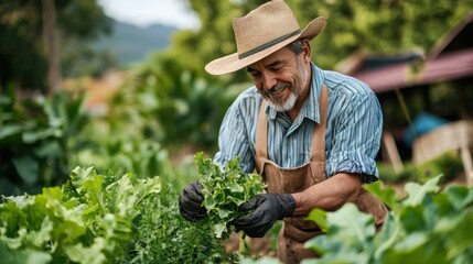 Farmer engaged in agroforestry, diverse plant species around