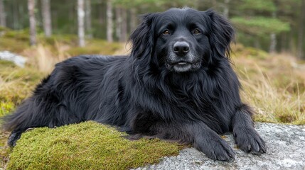 Portrait of a majestic black coated dog resting calmly on a mossy boulder
