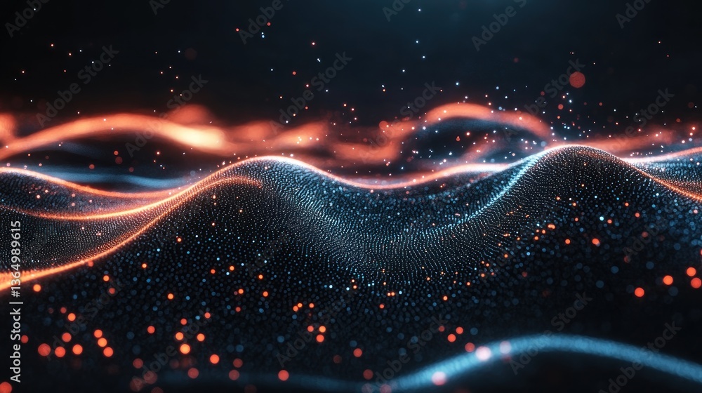 Poster undulating surface of luminous dots evoking a sense of flowing data and technological innovation in 