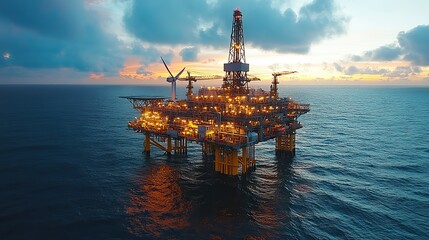 Obraz premium Offshore wind turbines and an oil rig stand in the ocean, showing the shift to sustainable energy.