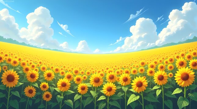  a rolling field of golden sunflowers swaying gently in the breeze, stretching as far as the eye can see under a bright blue sky dotted with fluffy white clouds