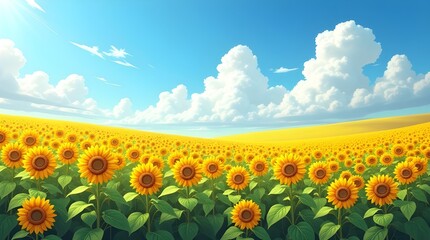 Obraz premium a rolling field of golden sunflowers swaying gently in the breeze, stretching as far as the eye can see under a bright blue sky dotted with fluffy white clouds