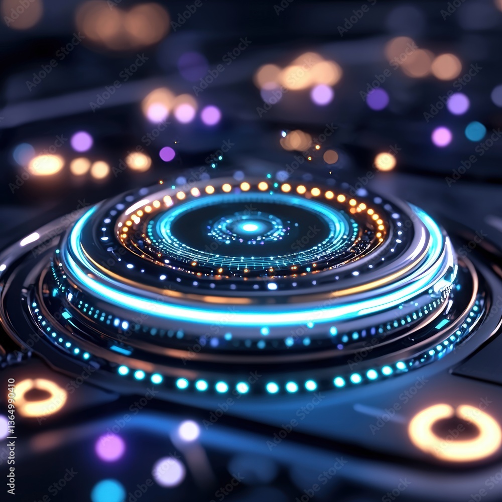 Poster circular object adorned with lights creating a striking visual effect in a darkened environment