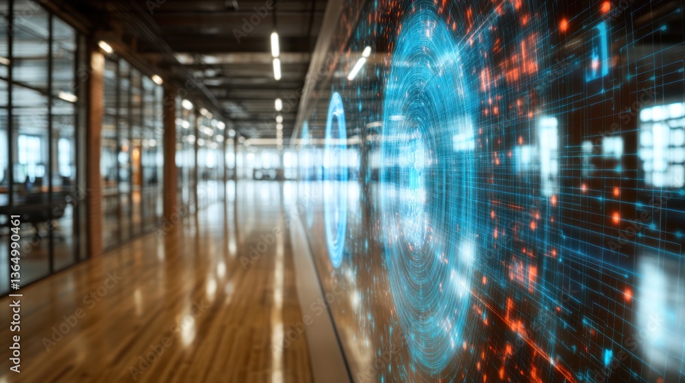 Poster futuristic data visualization displayed on a large screen in a modern office hallway