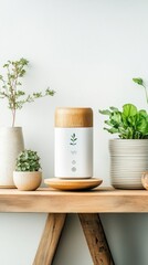Wooden essential oil diffuser sits on a shelf amongst potted plants