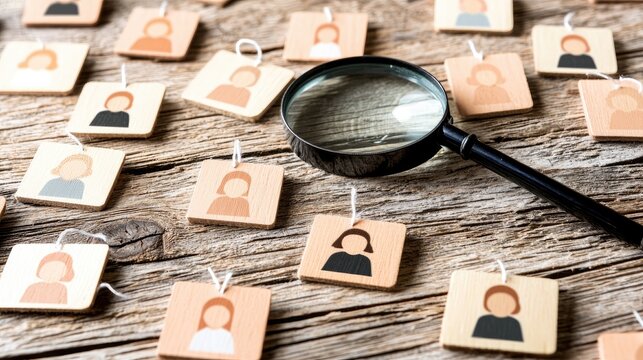 Magnifying glass over tags with people icons; talent search, job hunt concept on weathered wood