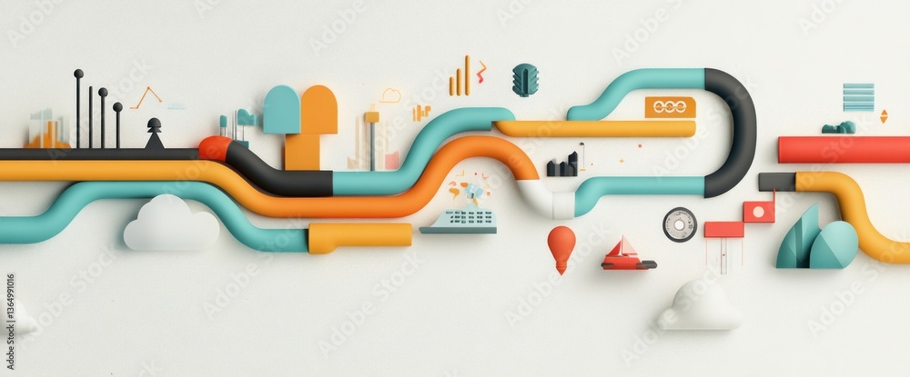 Poster abstract 3d design featuring interconnected colorful pathways, incorporating various miniature symbo