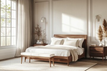 A beautifully decorated bedroom with a wooden bed and furnishings