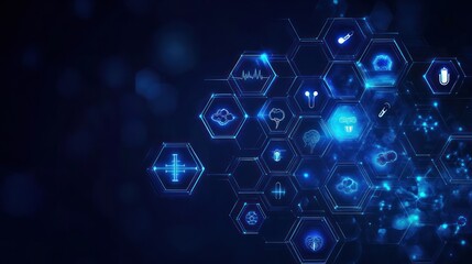 Abstract medical technology icons connected by lines on dark background. Possible use Stock photo for health, technology, science, or medicine