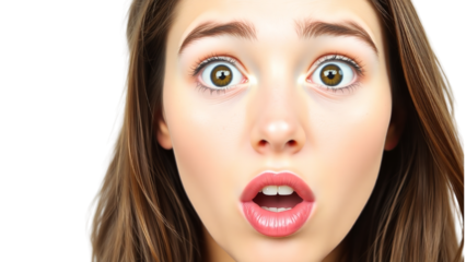 A surprised young woman with long brown hair expresses shock, her wide eyes and open mouth capturing the moment on Transparent background