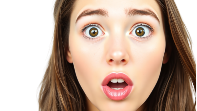 A surprised young woman with long brown hair expresses shock, her wide eyes and open mouth capturing the moment on Transparent background