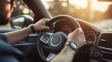 A persons hands holding a cars steering wheel