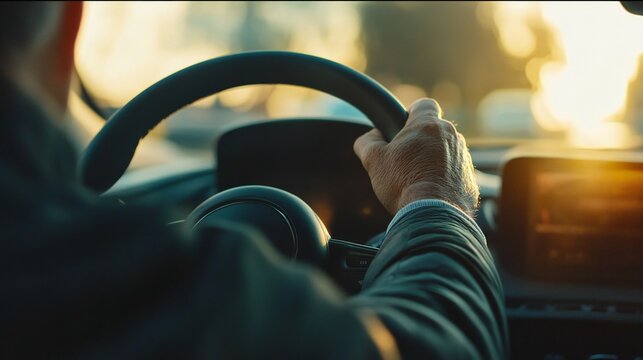 A drivers hand holds a car steering wheel at sunset