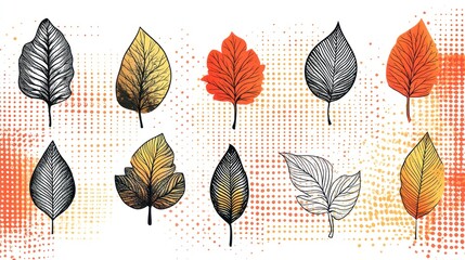 Autumn leaves collection, detailed line art, various colors and shapes on dotted background