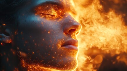 Orange dust explosion man's profile, closed eyes, stress, burnout.